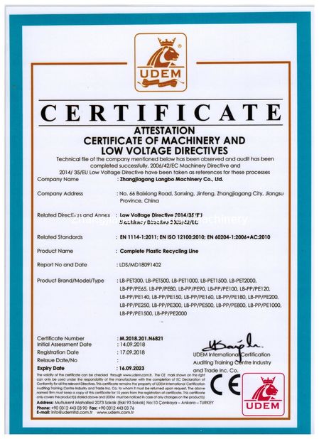 Chiny Zhangjiagang Langbo Machinery Co. Ltd. Certyfikaty